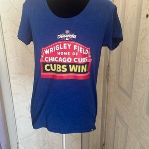 Chicago Cubs Wrigley Field 'Cubs Win!' Women's Short Sleeve Tee - Blue